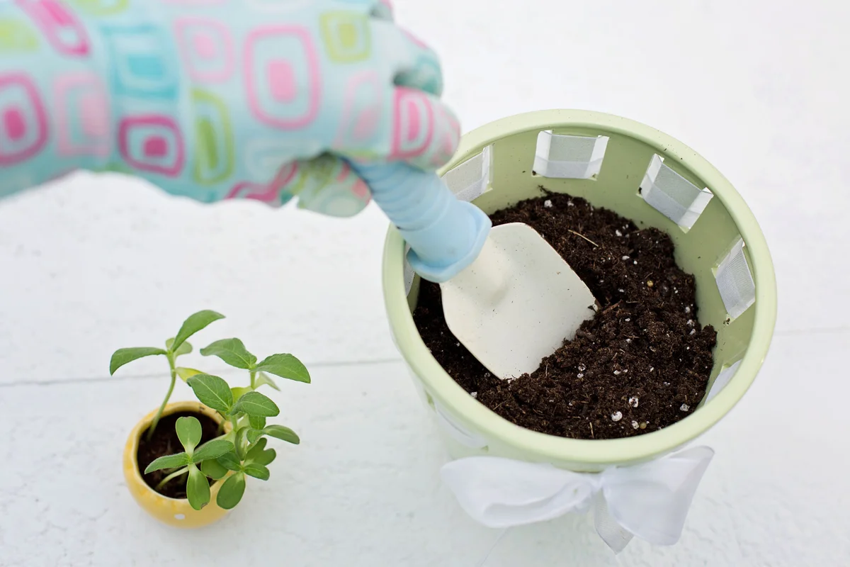 A gloved hand using a small trowel to prepare soil in a plant pot